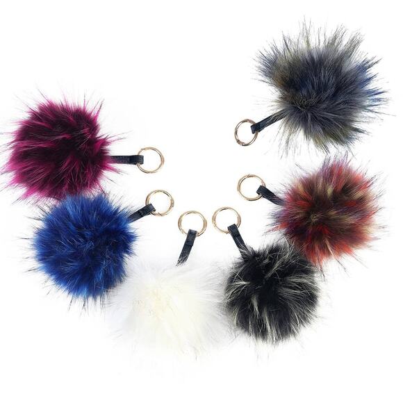 Black with White Tips Faux Fur Pom Pom Key Chain Keyring Bag Charm - Picture 2 of 4